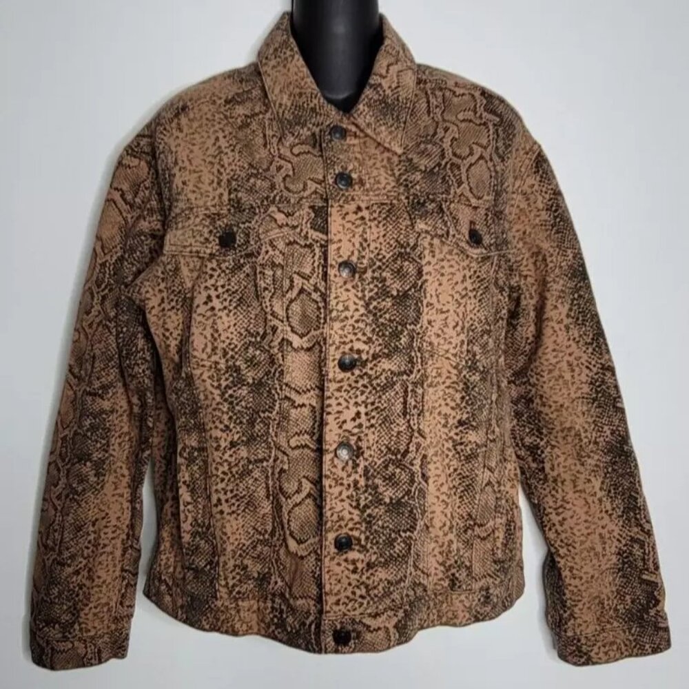 Free‎ People Womens Jacket Coat Small Snake Animal Print Jean Trucker Brown